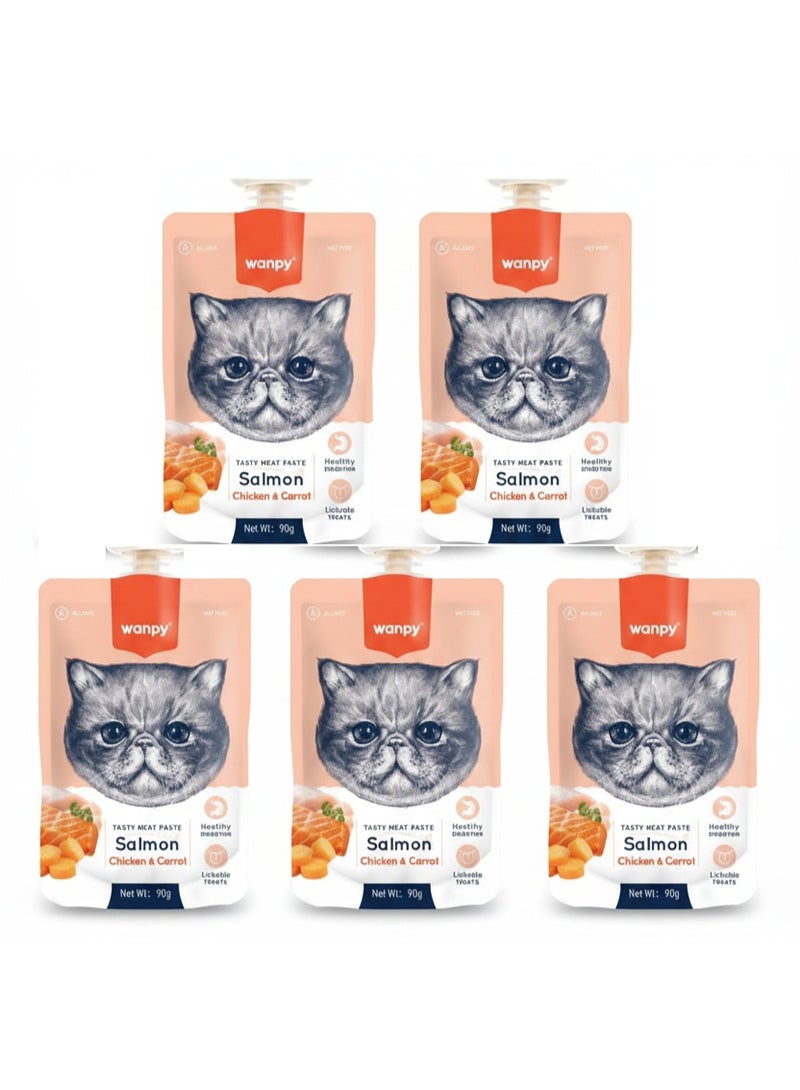 Wet Cat Food Pouch– Savory Salmon, Chicken & Carrot Paste – Pack of 5  – Healthy Digestion & Easy to Absorb